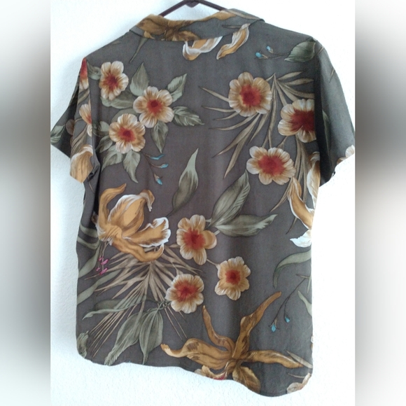 Vintage Jones New York Silk Blouse Shirt Brown Floral Short Sleeve Size 10 - Picture 5 of 6